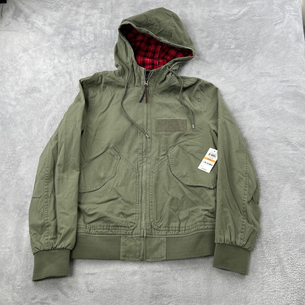American Rag Military Bomber Jacket S Green Men Aviator Plaid Hood Patch Utility
